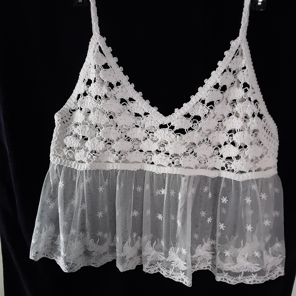 White sheer crocheted top